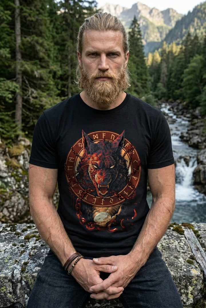Fenrir Wolf des Ragnarök T-Shirt Blutrot Frontdruck – Model outdoor