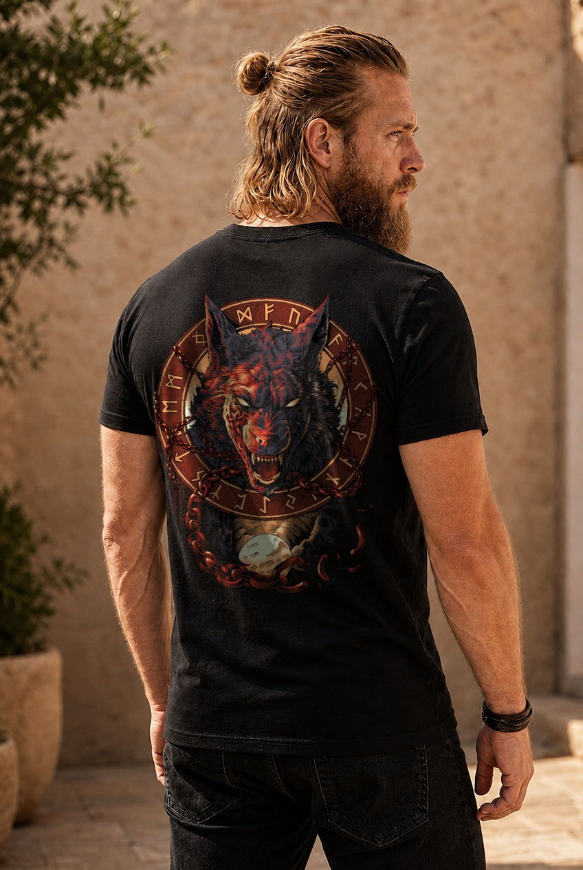 Fenrir Wolf des Ragnarök T-Shirt Blutrot Rückendruck – Model outdoor