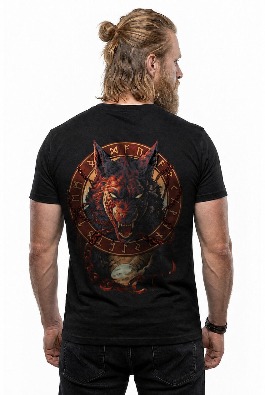 Fenrir Wolf des Ragnarök T-Shirt Blutrot Rückendruck – Model studio