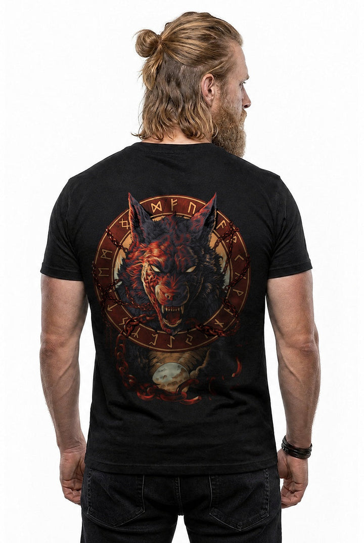 Fenrir Wolf des Ragnarök T-Shirt Blutrot Rückendruck – Model studio