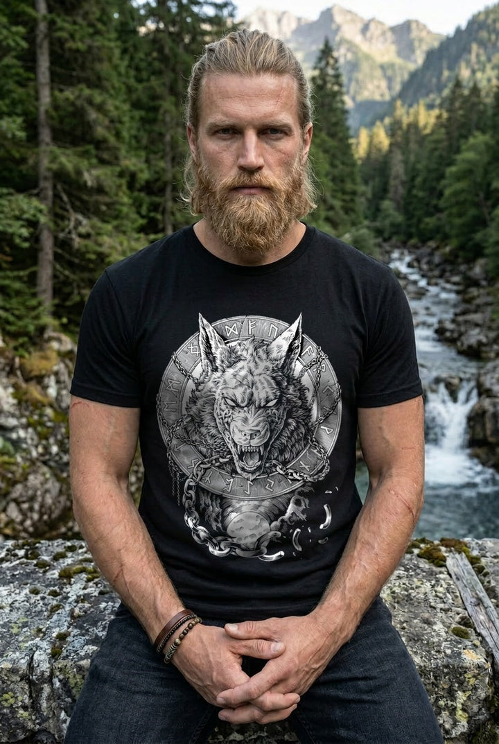 Fenrir Wolf des Ragnarök T-Shirt Schwarz/Weiss Frontdruck – Model outdoor