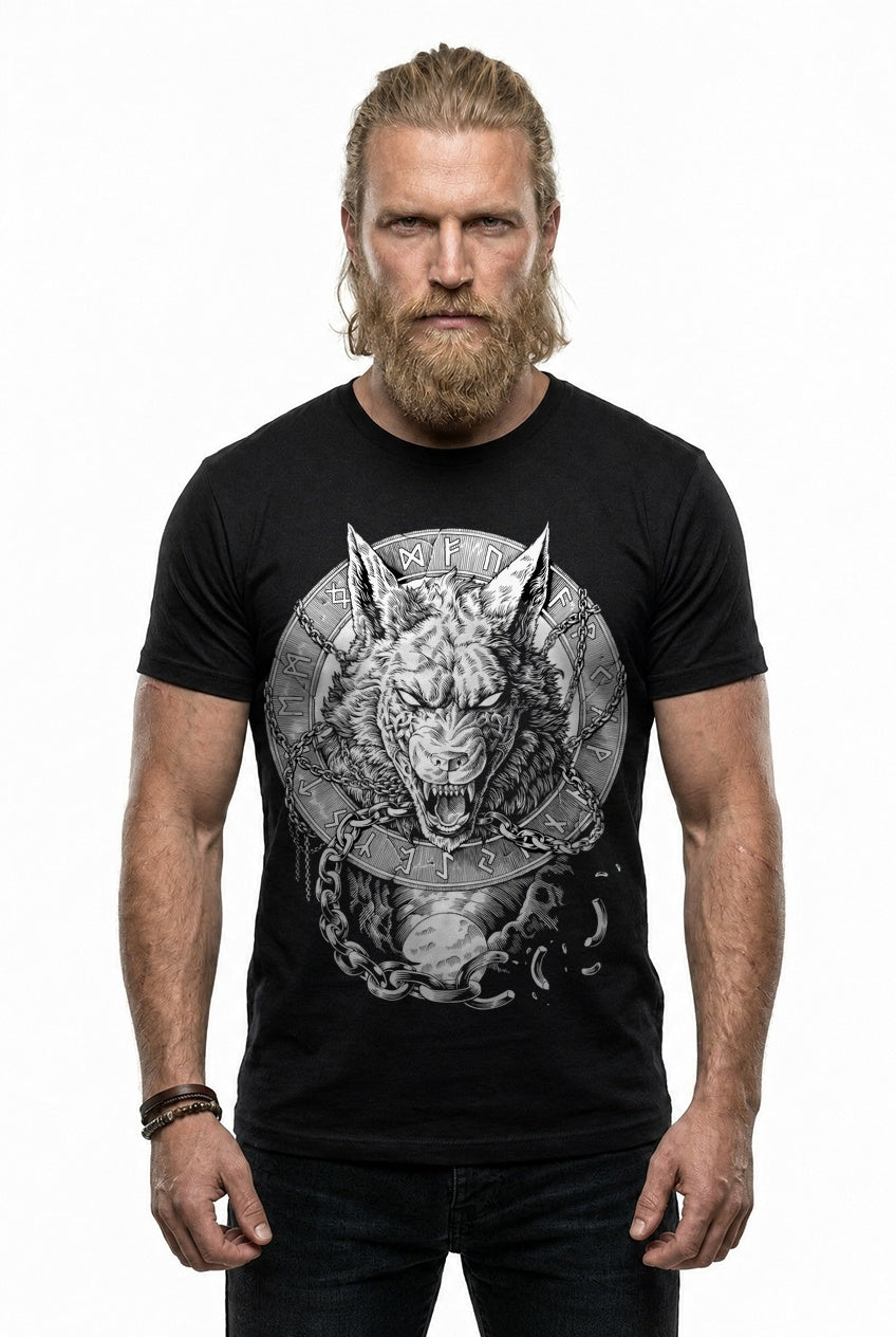 Fenrir Wolf des Ragnarök T-Shirt Schwarz/Weiss Frontdruck – Model studio