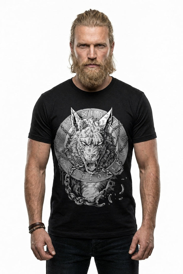 Fenrir Wolf des Ragnarök T-Shirt Schwarz/Weiss Frontdruck – Model studio