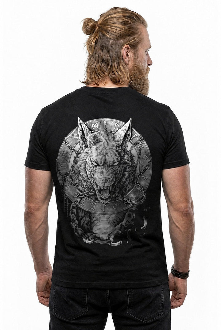 Fenrir Wolf des Ragnarök T-Shirt Schwarz/Weiss Rückendruck – Model studio