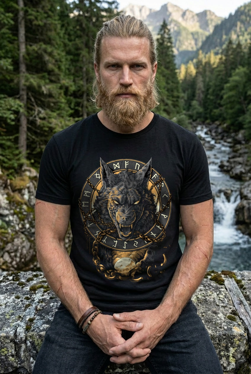 Fenrir Wolf des Ragnarök T-Shirt Grau/Gold Frontdruck – Model outdoor