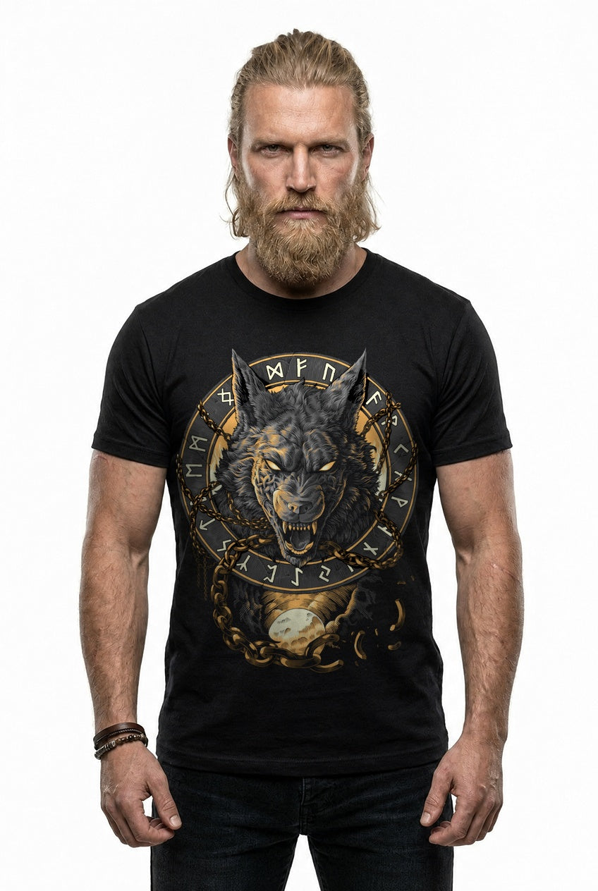 Fenrir Wolf des Ragnarök T-Shirt Grau/Gold Frontdruck – Model studio