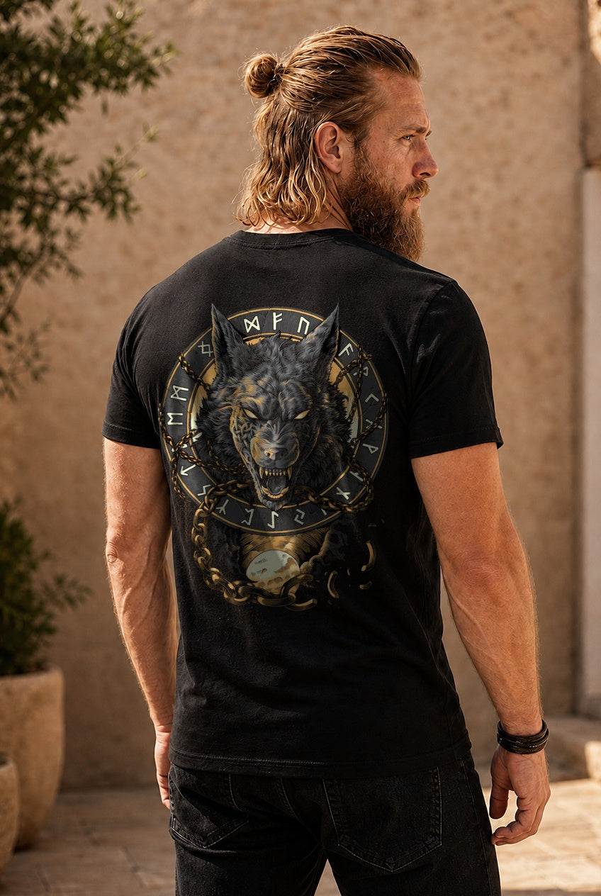 Fenrir Wolf des Ragnarök T-Shirt Grau/Gold Rückendruck – Model outdoor