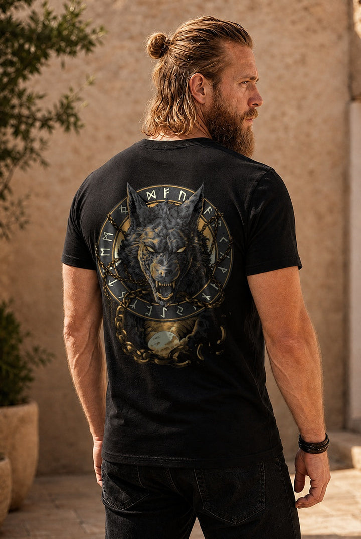 Fenrir Wolf des Ragnarök T-Shirt Grau/Gold Rückendruck – Model outdoor
