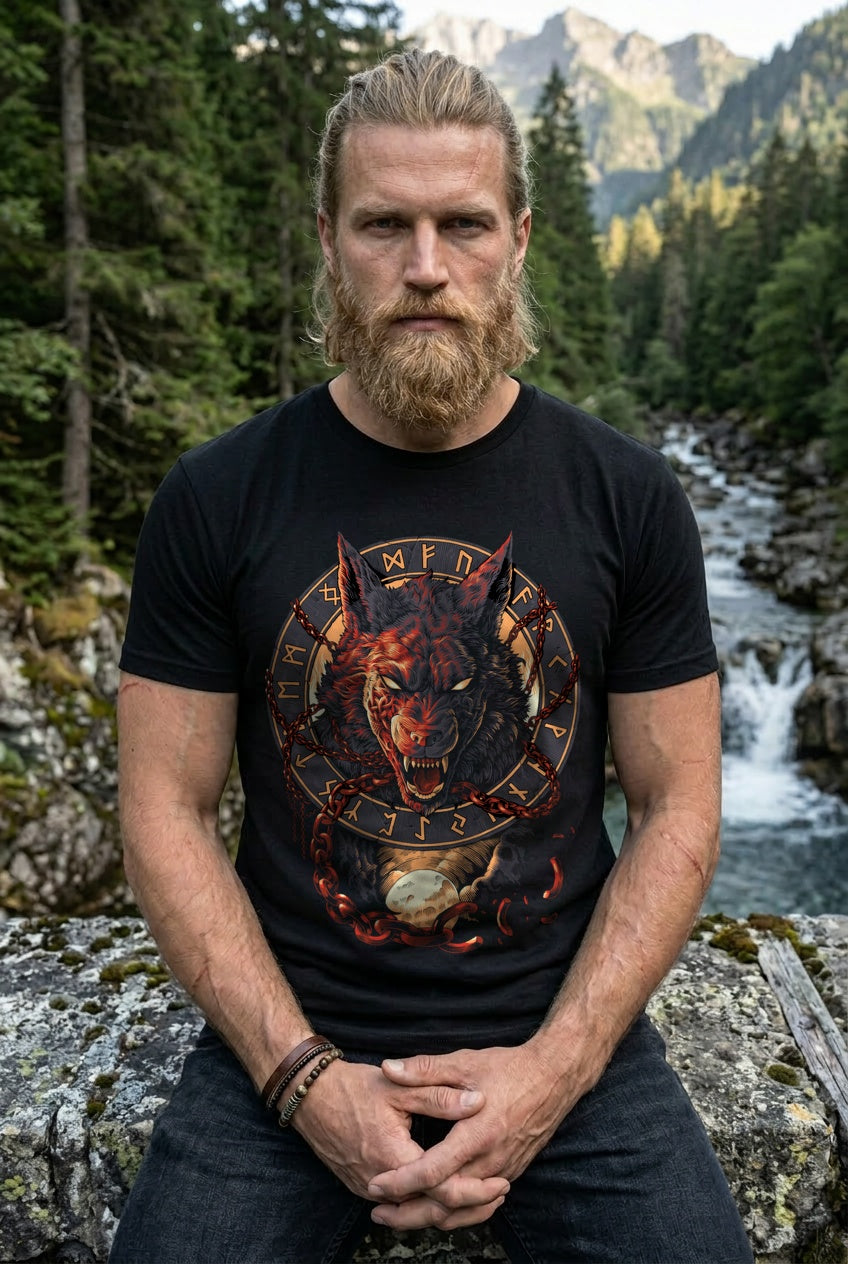 Fenrir Wolf des Ragnarök T-Shirt Rot/Orange Frontdruck – Model outdoor