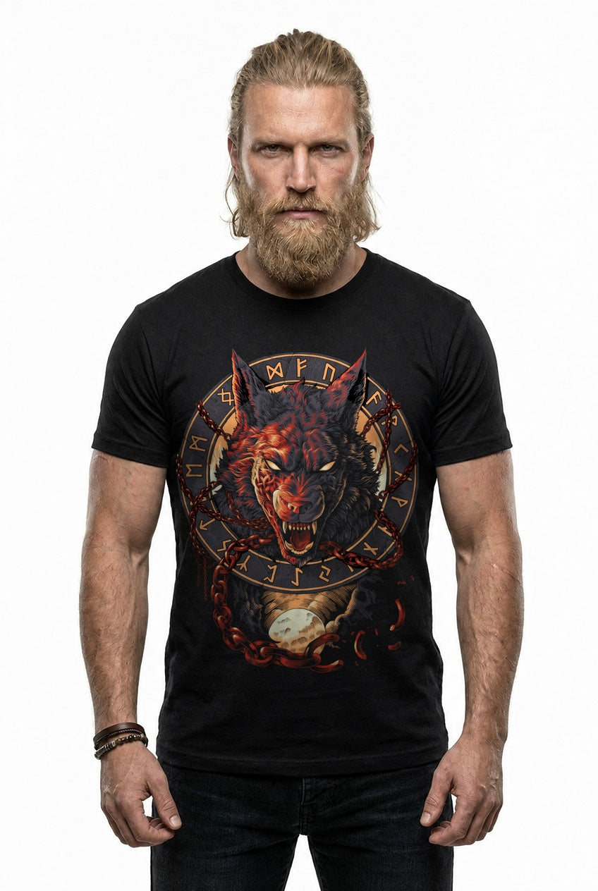 Fenrir Wolf des Ragnarök T-Shirt Rot/Orange Frontdruck – Model studio