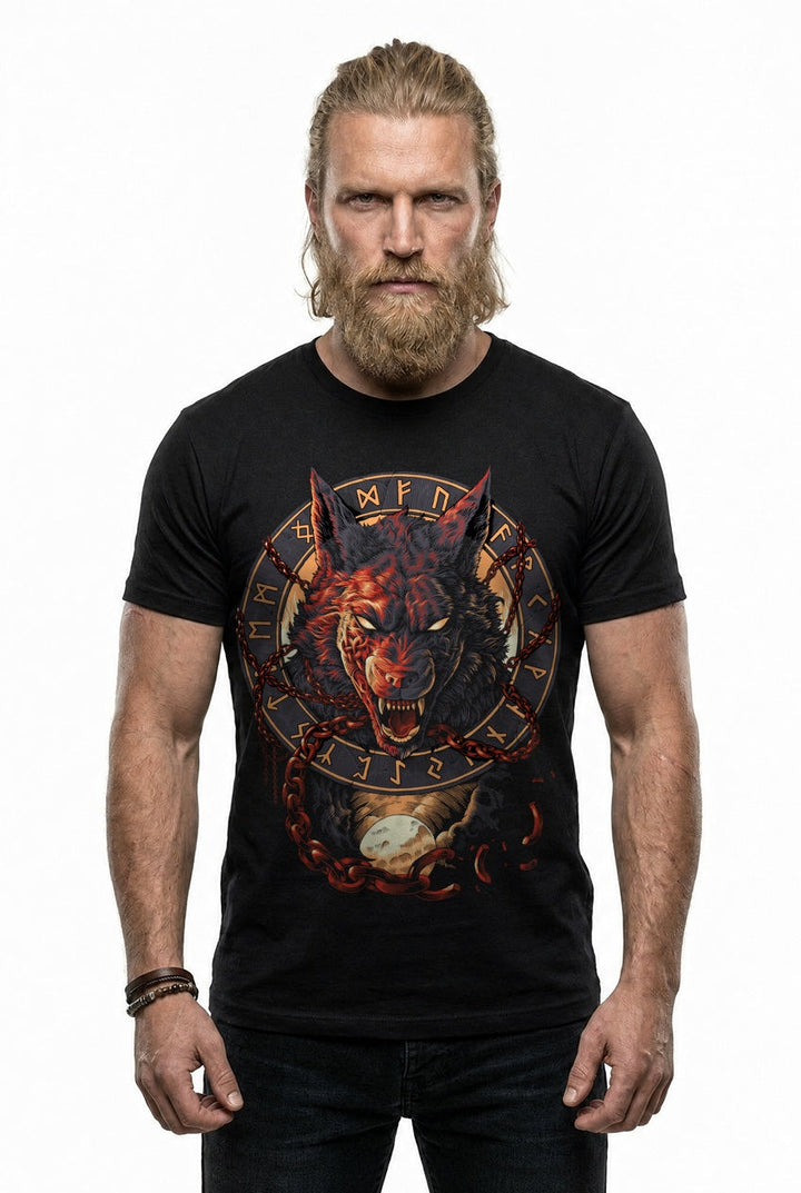 Fenrir Wolf des Ragnarök T-Shirt Rot/Orange Frontdruck – Model studio