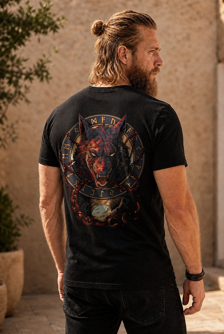 Fenrir Wolf des Ragnarök T-Shirt Rot/Orange Rückendruck – Model outdoor