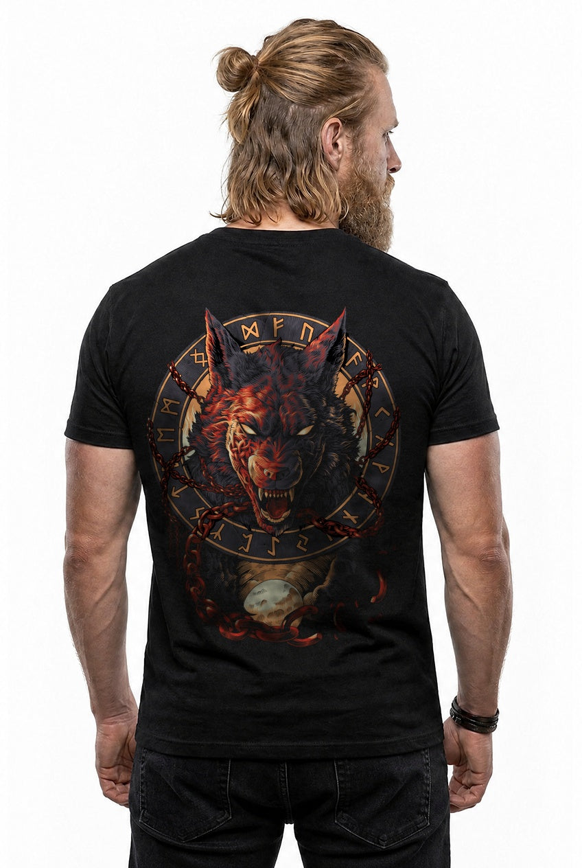 Fenrir Wolf des Ragnarök T-Shirt Rot/Orange Rückendruck – Model studio