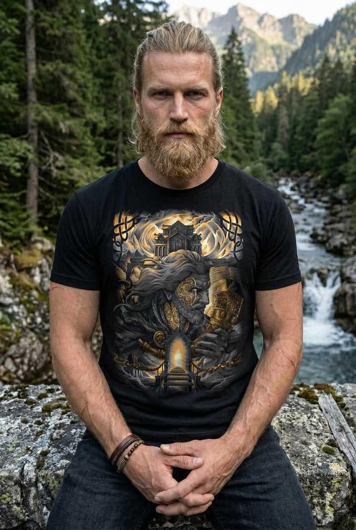 Heimdall Wächter von Asgard – Grau/Gold Frontdruck am Bach