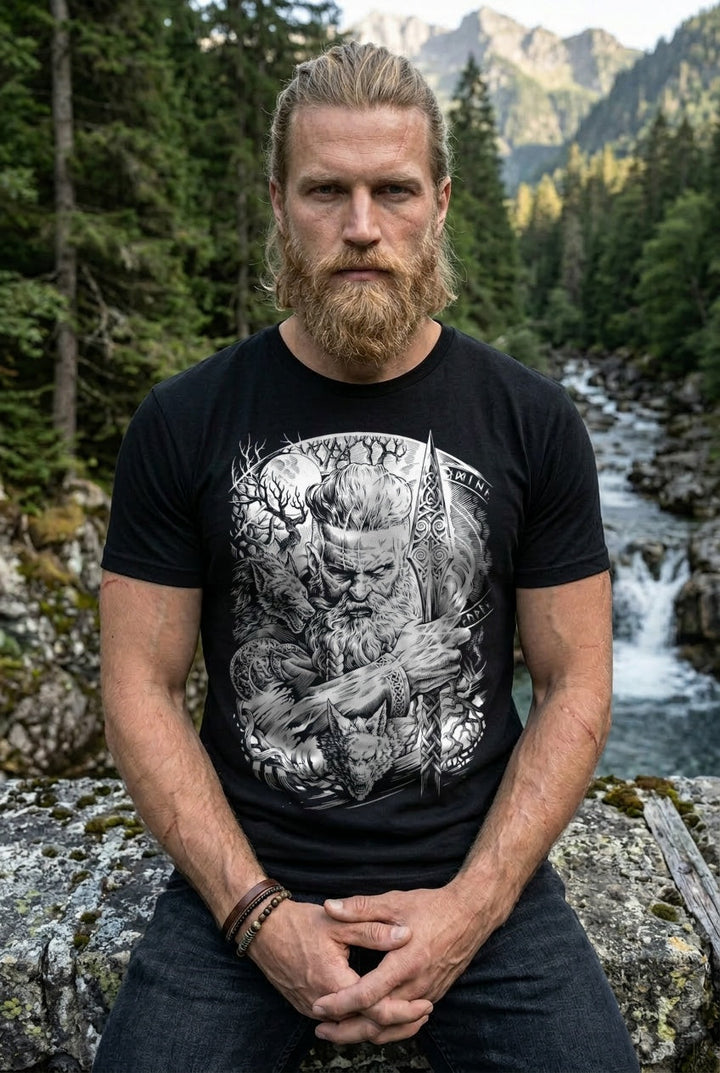 Odin Allvater T-Shirt Schwarz/Weiss Frontdruck – Model outdoor