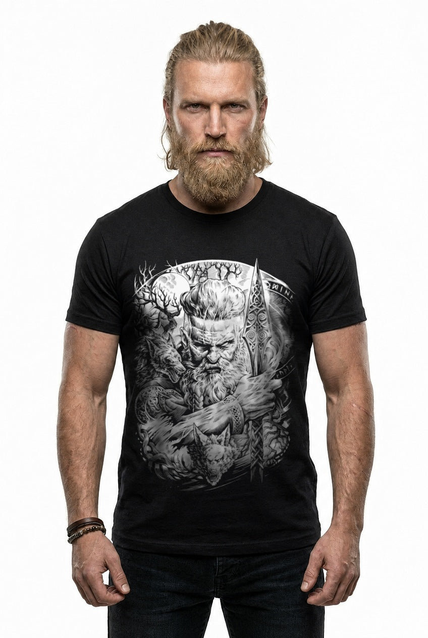 Odin Allvater T-Shirt Schwarz/Weiss Frontdruck – Model studio