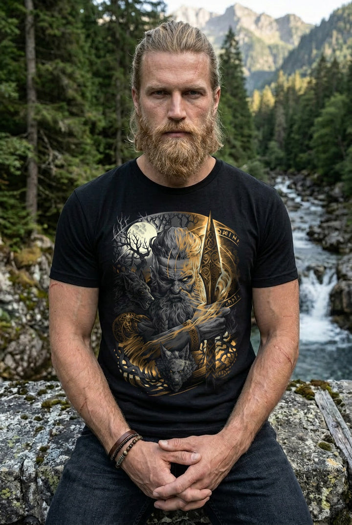 Odin Allvater T-Shirt Grau/Gold Frontdruck – Model outdoor