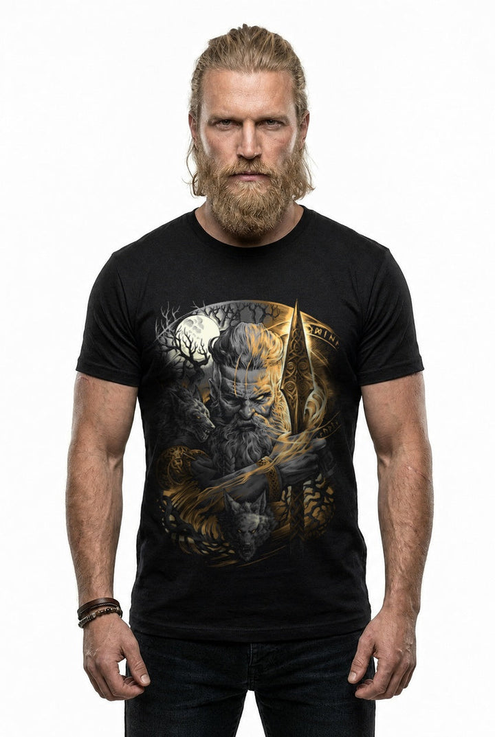 Odin Allvater T-Shirt Grau/Gold Frontdruck – Model studio