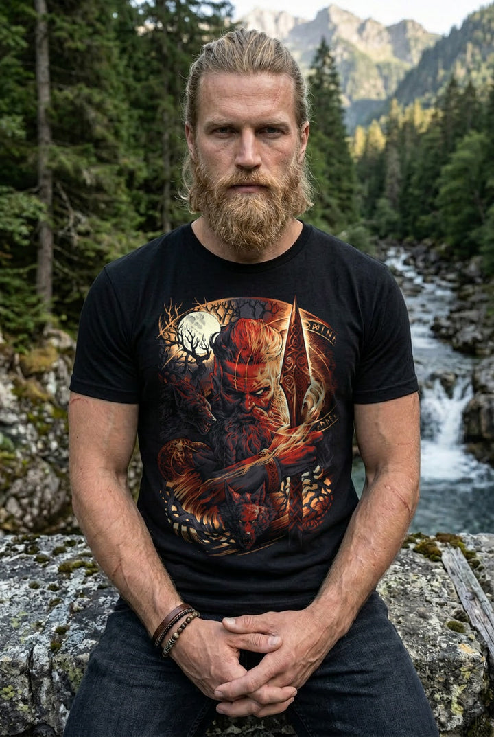 Odin Allvater T-Shirt Rot/Orange Frontdruck – Model outdoor
