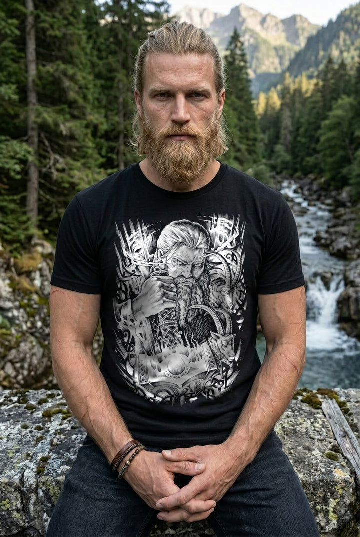 Thor & Mjölnir T-Shirt Schwarz/Weiss Frontdruck – Model outdoor