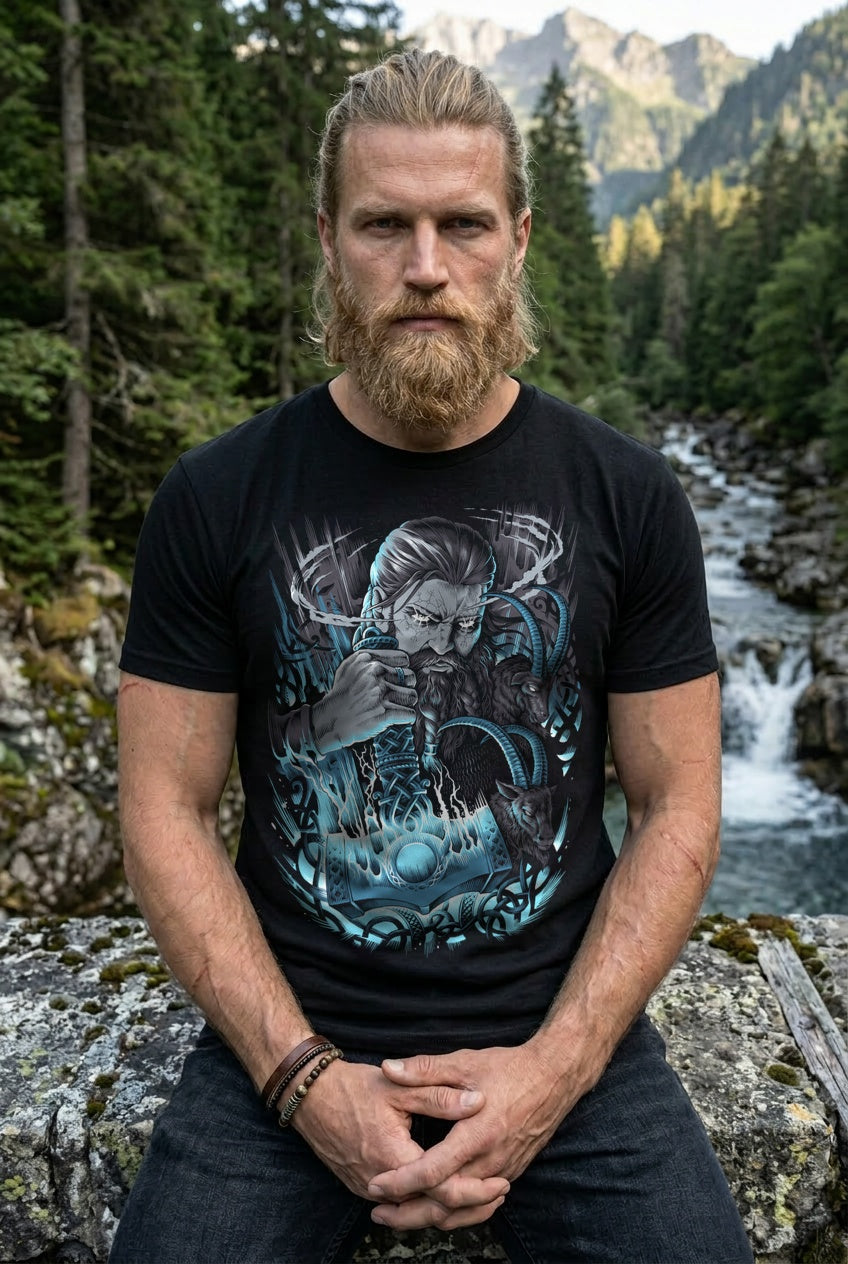 Thor & Mjölnir T-Shirt Grau/Blau Frontdruck – Model outdoor