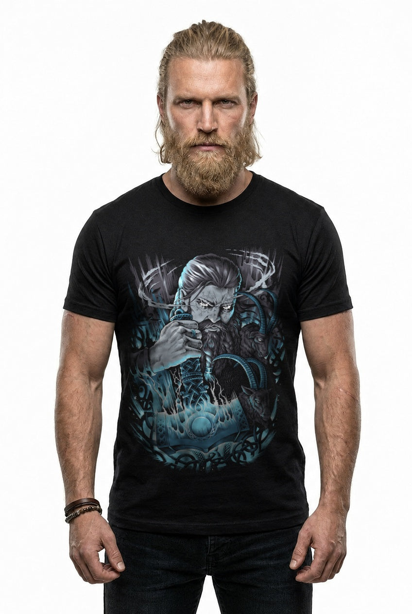 Thor & Mjölnir T-Shirt Grau/Blau Frontdruck – Model studio
