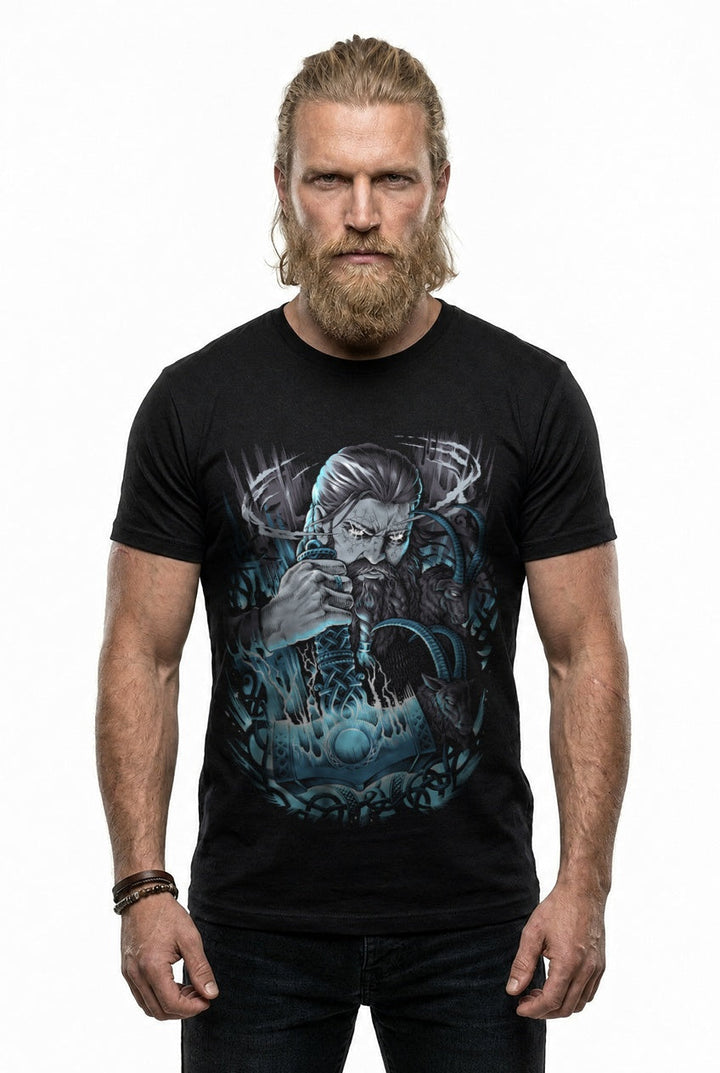 Thor & Mjölnir T-Shirt Grau/Blau Frontdruck – Model studio