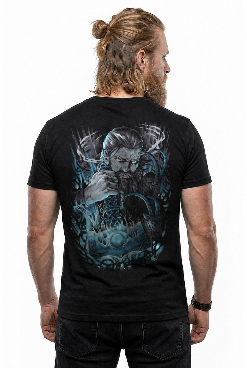 Thor & Mjölnir T-Shirt Grau/Blau Rückendruck – Model studio