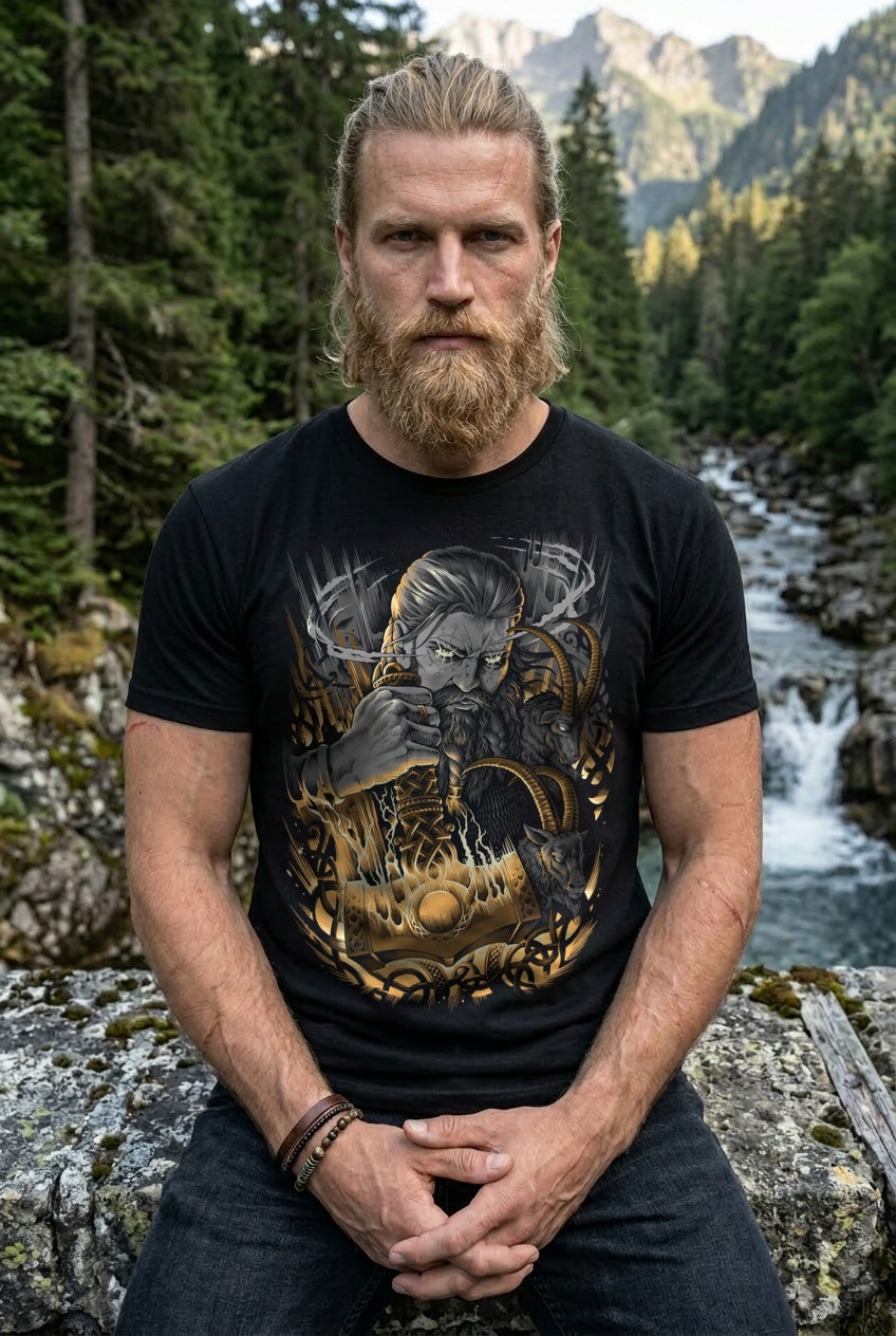 Thor & Mjölnir T-Shirt Grau/Gold Frontdruck – Model outdoor