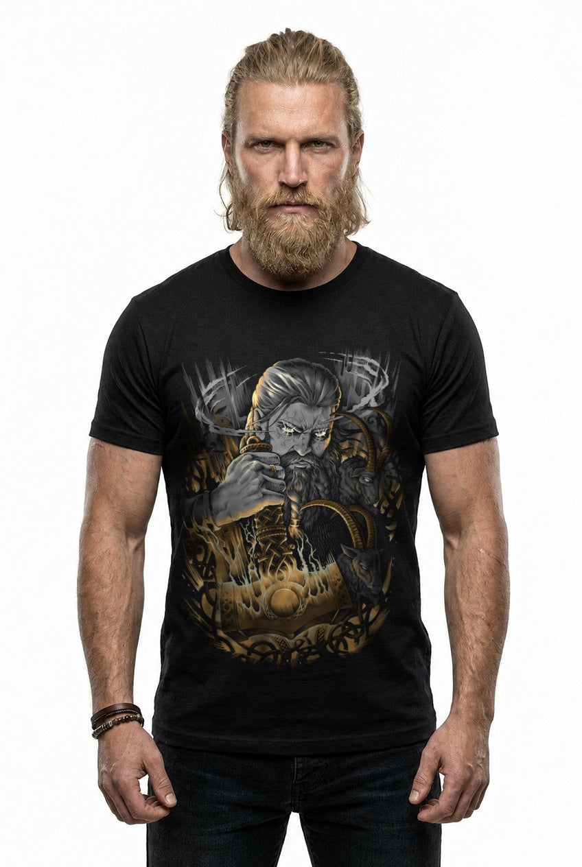 Thor & Mjölnir T-Shirt Grau/Gold Frontdruck – Model studio