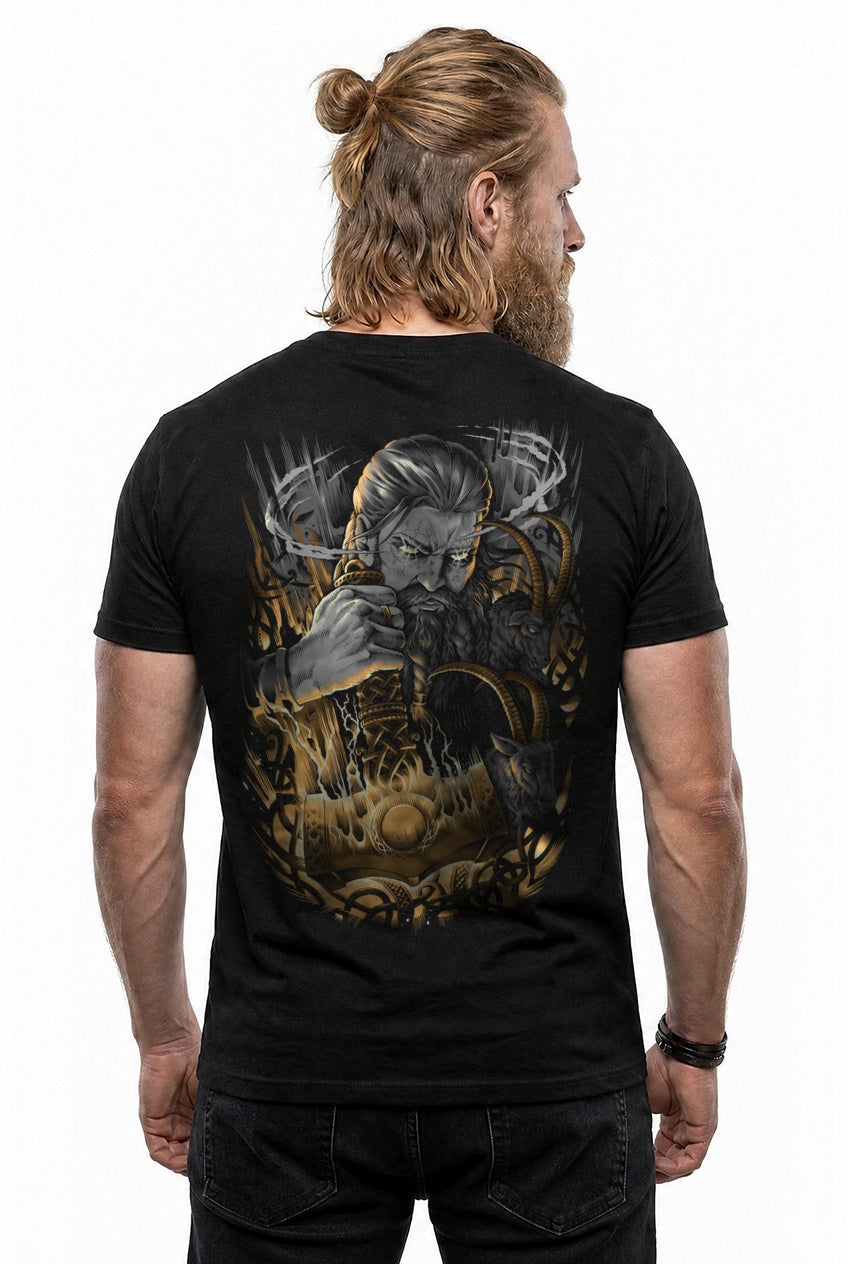 Thor & Mjölnir T-Shirt Grau/Gold Rückendruck – Model studio