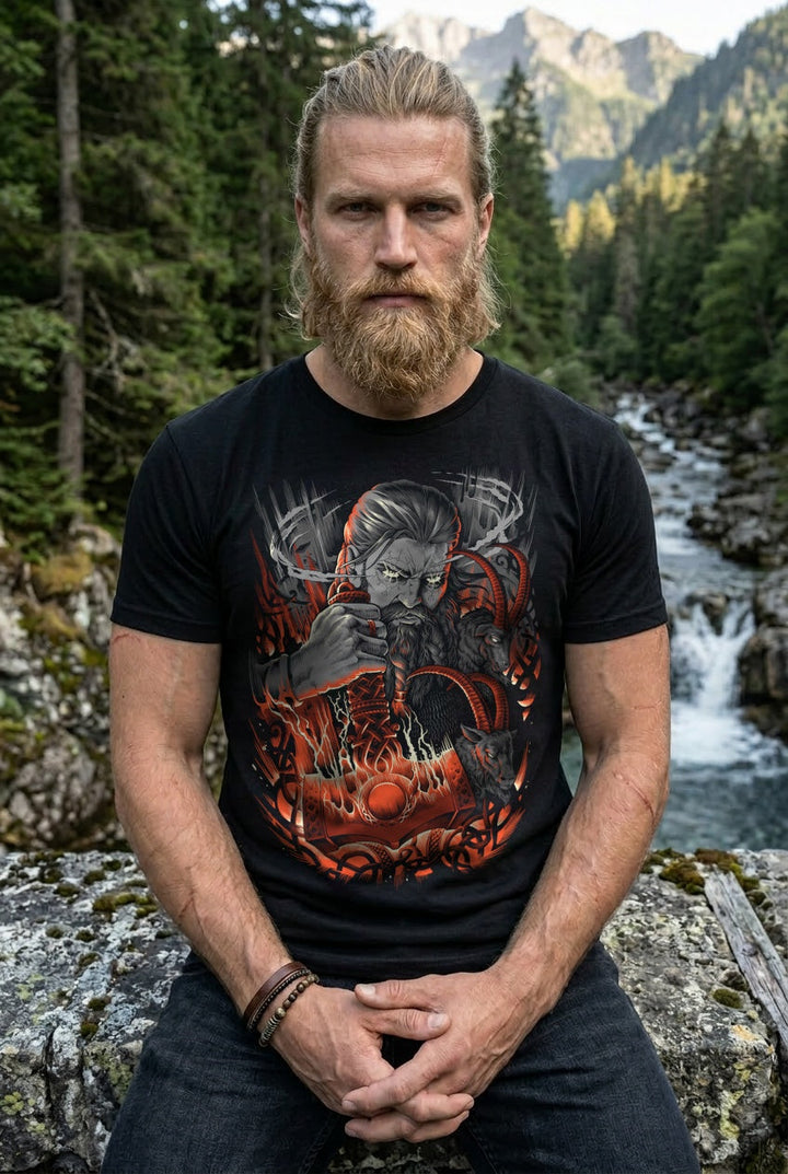 Thor & Mjölnir T-Shirt Grau/Rot Frontdruck – Model outdoor
