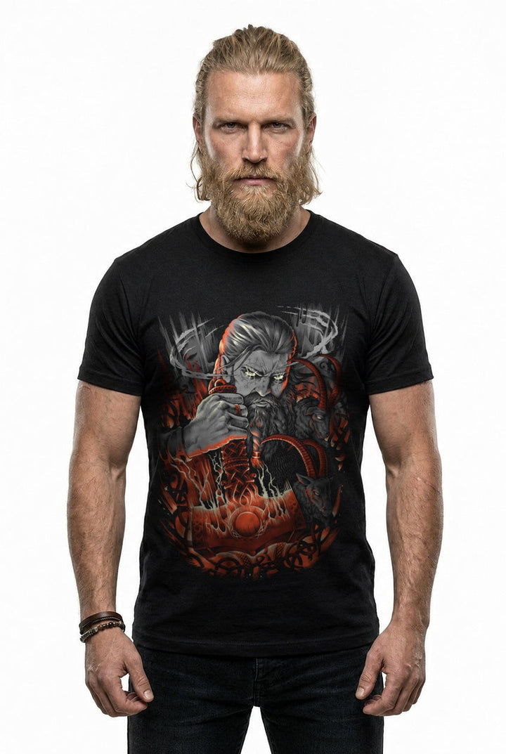 Thor & Mjölnir T-Shirt Grau/Rot Frontdruck – Model studio