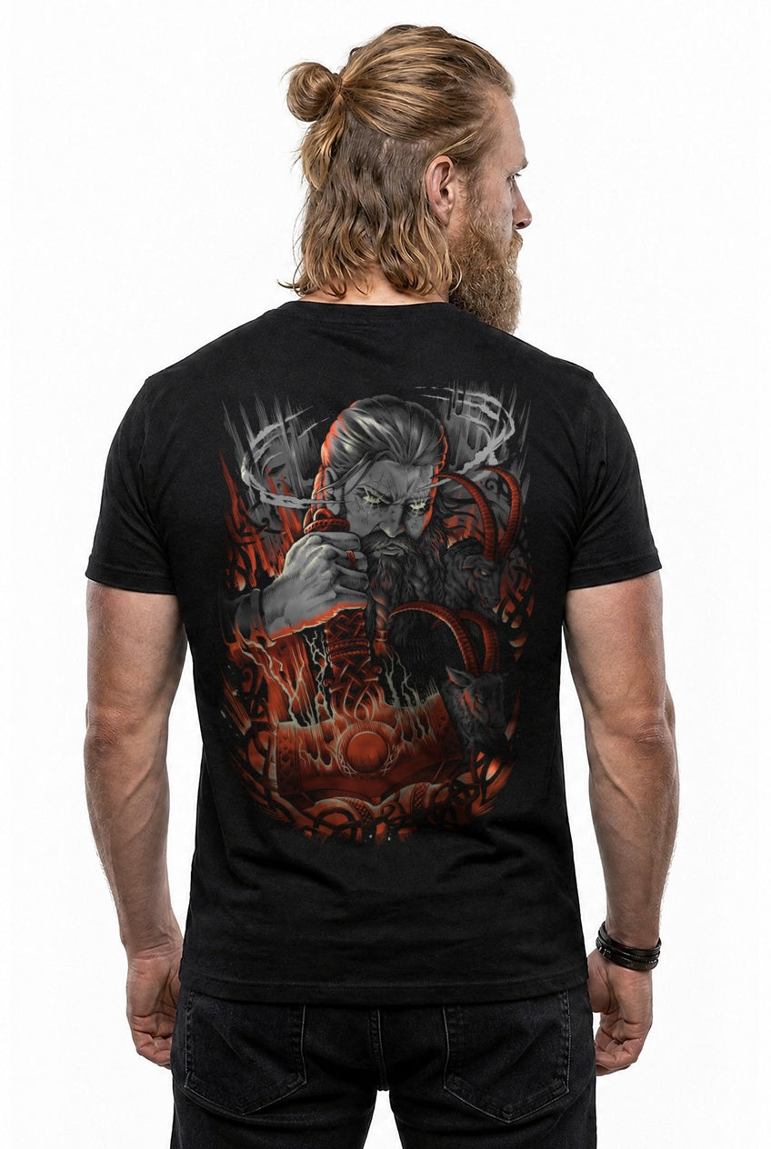 Thor & Mjölnir T-Shirt Grau/Rot Rückendruck – Model studio