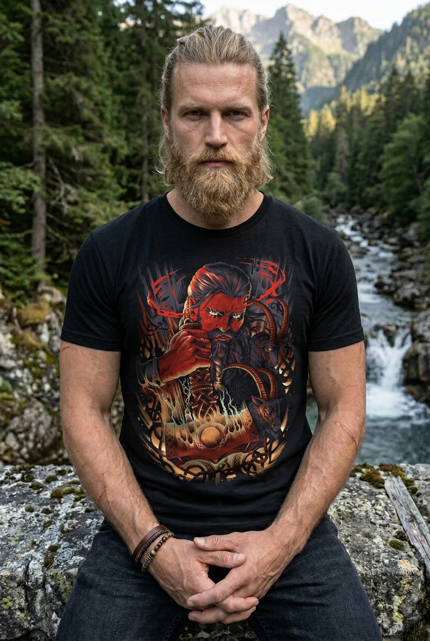 Thor & Mjölnir T-Shirt Rot/Orange Frontdruck – Model outdoor