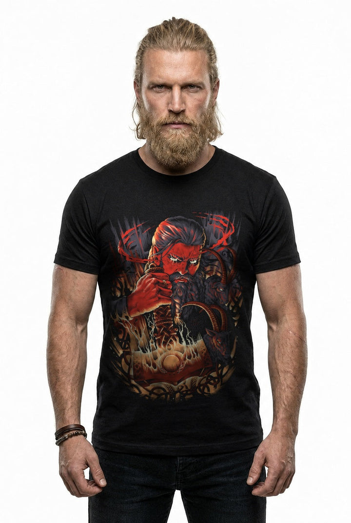 Thor & Mjölnir T-Shirt Rot/Orange Frontdruck – Model studio
