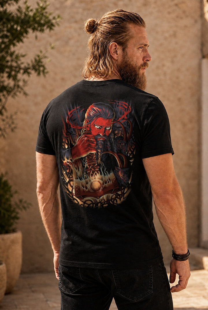 Thor & Mjölnir T-Shirt Rot/Orange Rückendruck – Model outdoor